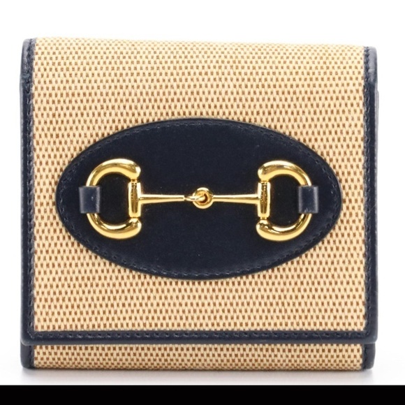 Gucci Handbags - GUCCI 1955 Horsebit Bi-Fold Compact Wallet Woven Canvas with Blue Leather Trim